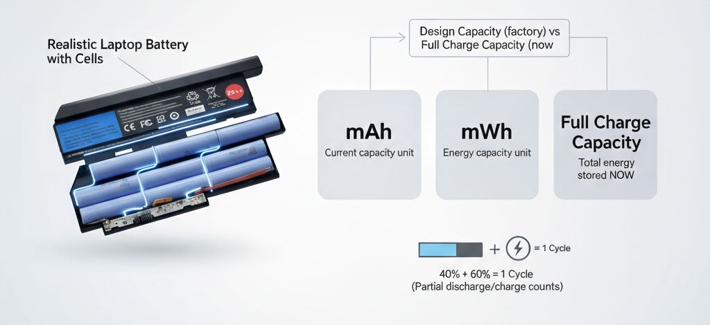 >mAh vs mWh • Design Capacity vs Full Charge Capacity • What counts as a charge cycle