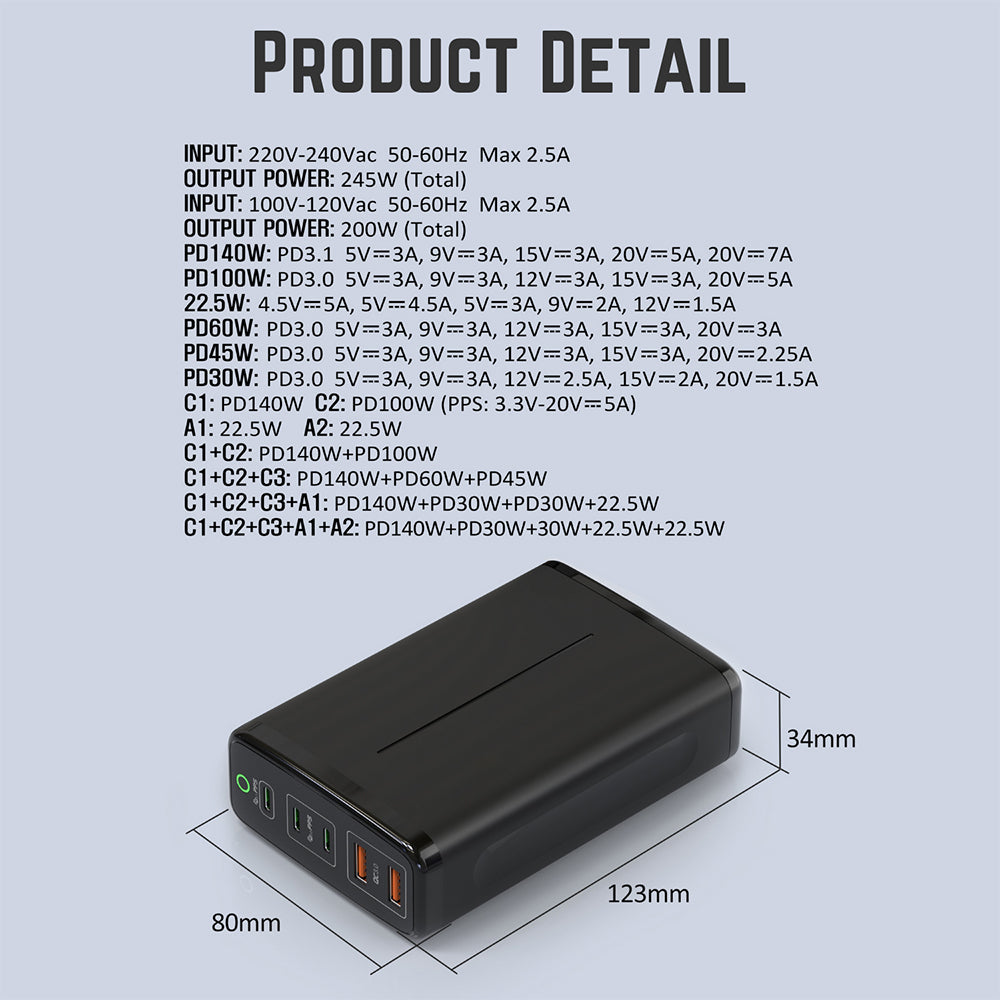 245W USB Type C Charger AC Adapter Power Cord with 5 Ports GaN Desktop Charger USB C Charging Station for MacBook Pro Air M1 M2 model Dell XPS HP Lenovo Asus Acer Steam Steak Deck All Computer and Smart Phone