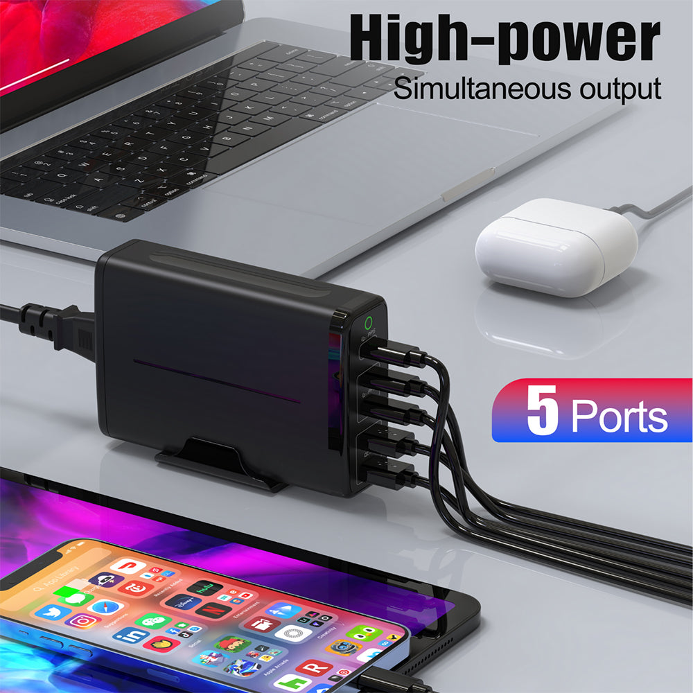 245W USB Type C Charger AC Adapter Power Cord with 5 Ports GaN Desktop Charger USB C Charging Station for MacBook Pro Air M1 M2 model Dell XPS HP Lenovo Asus Acer Steam Steak Deck All Computer and Smart Phone