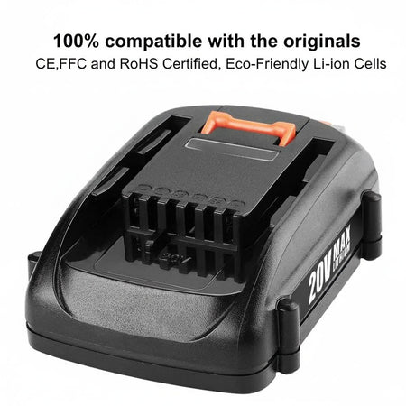 Compatible Charging Units: This WA3525 replacement can be charged using the following Worx 20-Volt Lithium chargers: WA3742, WA3868, WA3875, WA3878, WA3835, WA3764, WA3881, and WA3884.