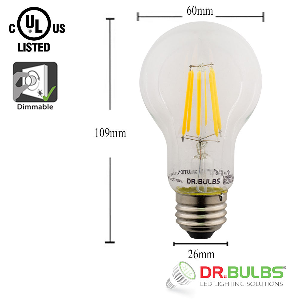 10 Pack Dr.Bulbs A19 8.5W (Replace 60W incandescent) 2700K Warm White Dimmable LED Filament Bulb