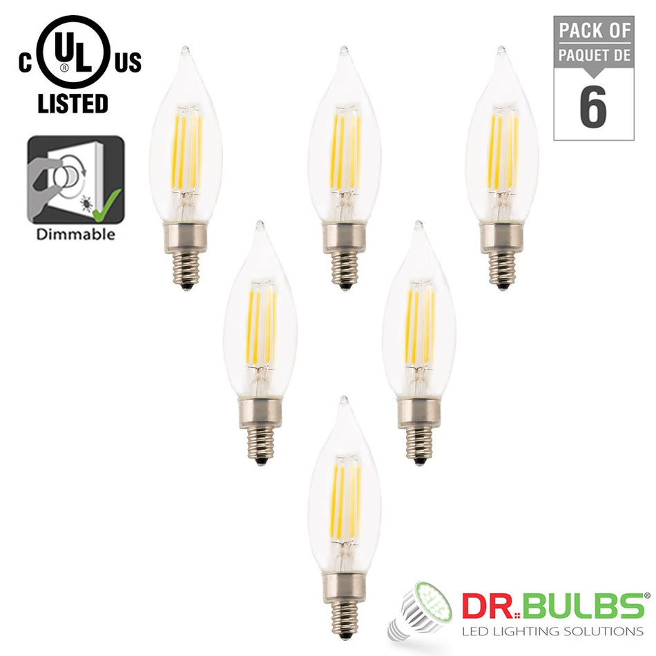 Dr.Bulbs 6-Pack CA10 Flame Tip LED Bulbs – 5W, 2700K Warm White, Dimmable, E12 Base