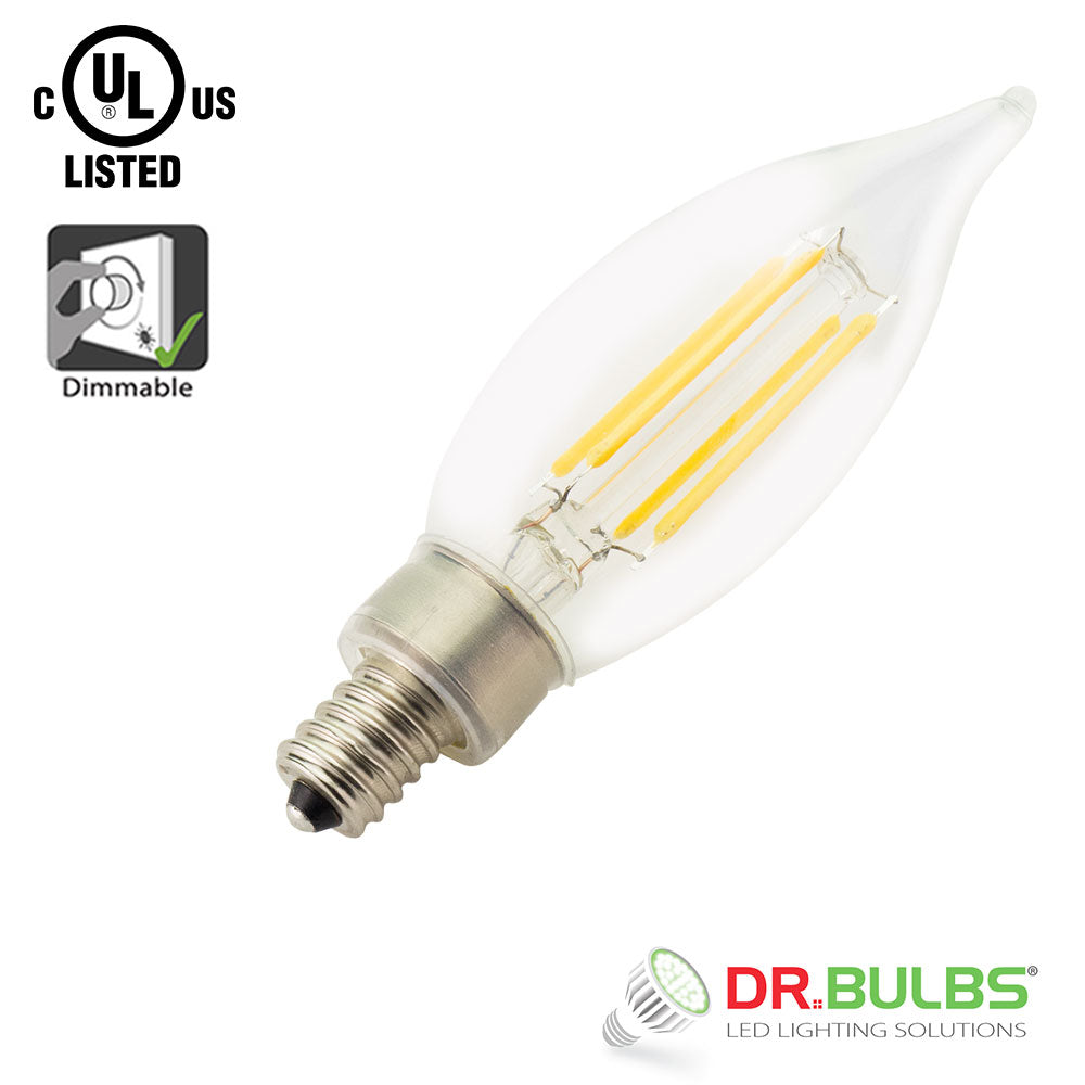 6 Pack Dr.Bulbs CA10 Flame Tip 5W (Replace 40W Incandescent) 2700K Warm White Dimmable LED Filament Candelabra Bulb