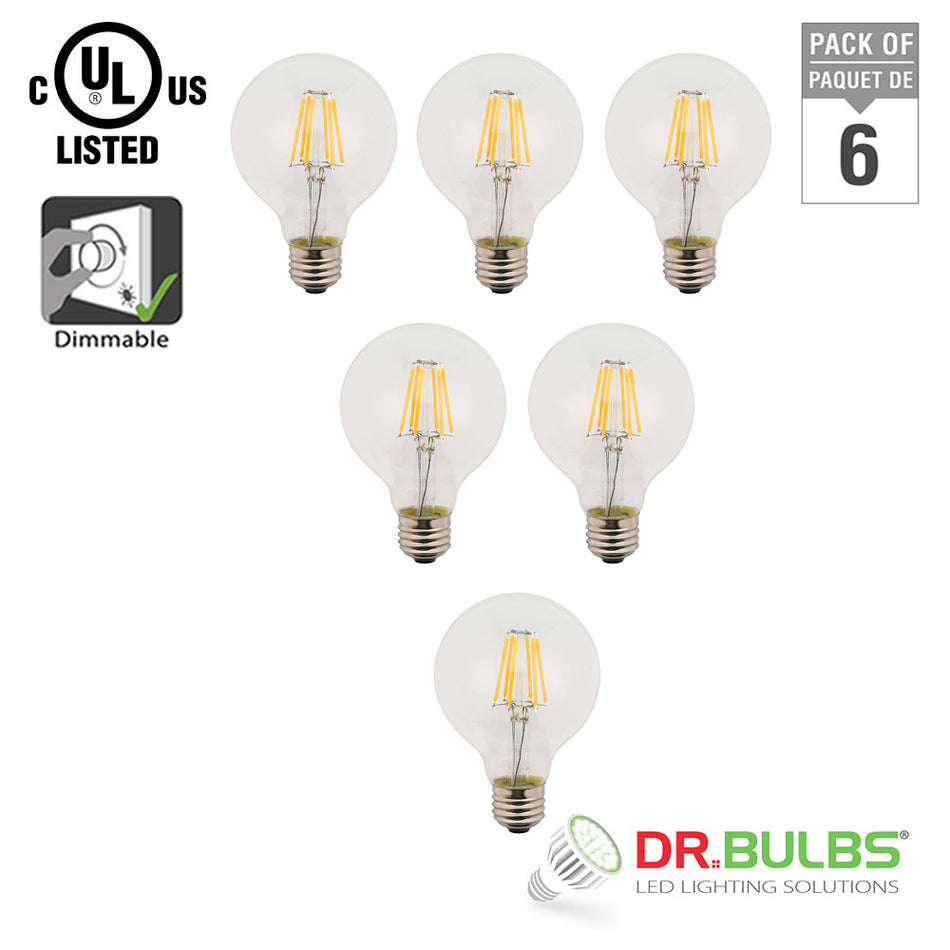 Dr.Bulbs 6-Pack G25 5W LED Filament Globe 2200K Ultra Warm White Dimmable Bulb