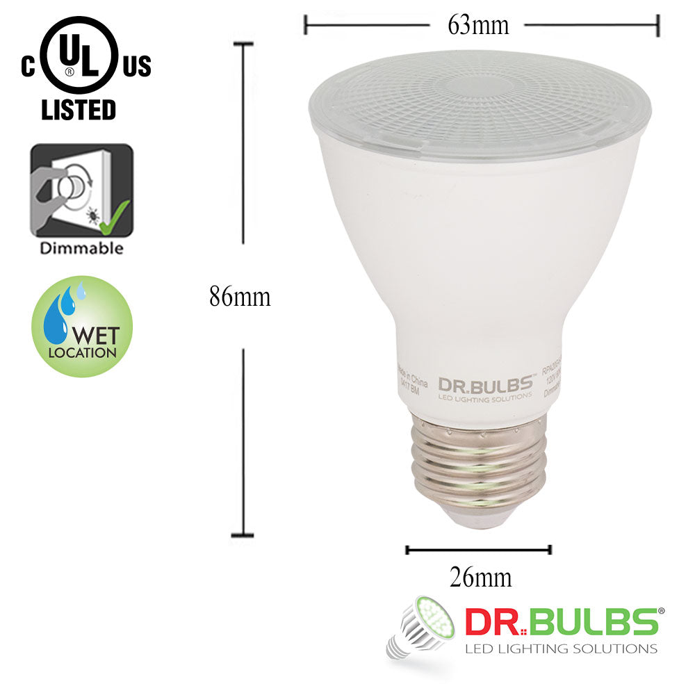 10 Pack Dr.Bulbs PAR20 7W (Replace 50W Halogen) 5000K Bright White Dimmable LED Bulb Wet Location Rated