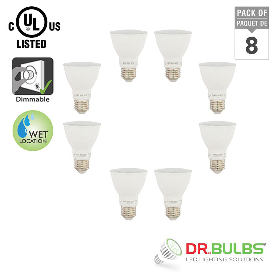 Dr.Bulbs 8-Pack PAR20 7W (50W Equivalent) 5000K Bright White Dimmable LED Bulbs, Wet Location Rated