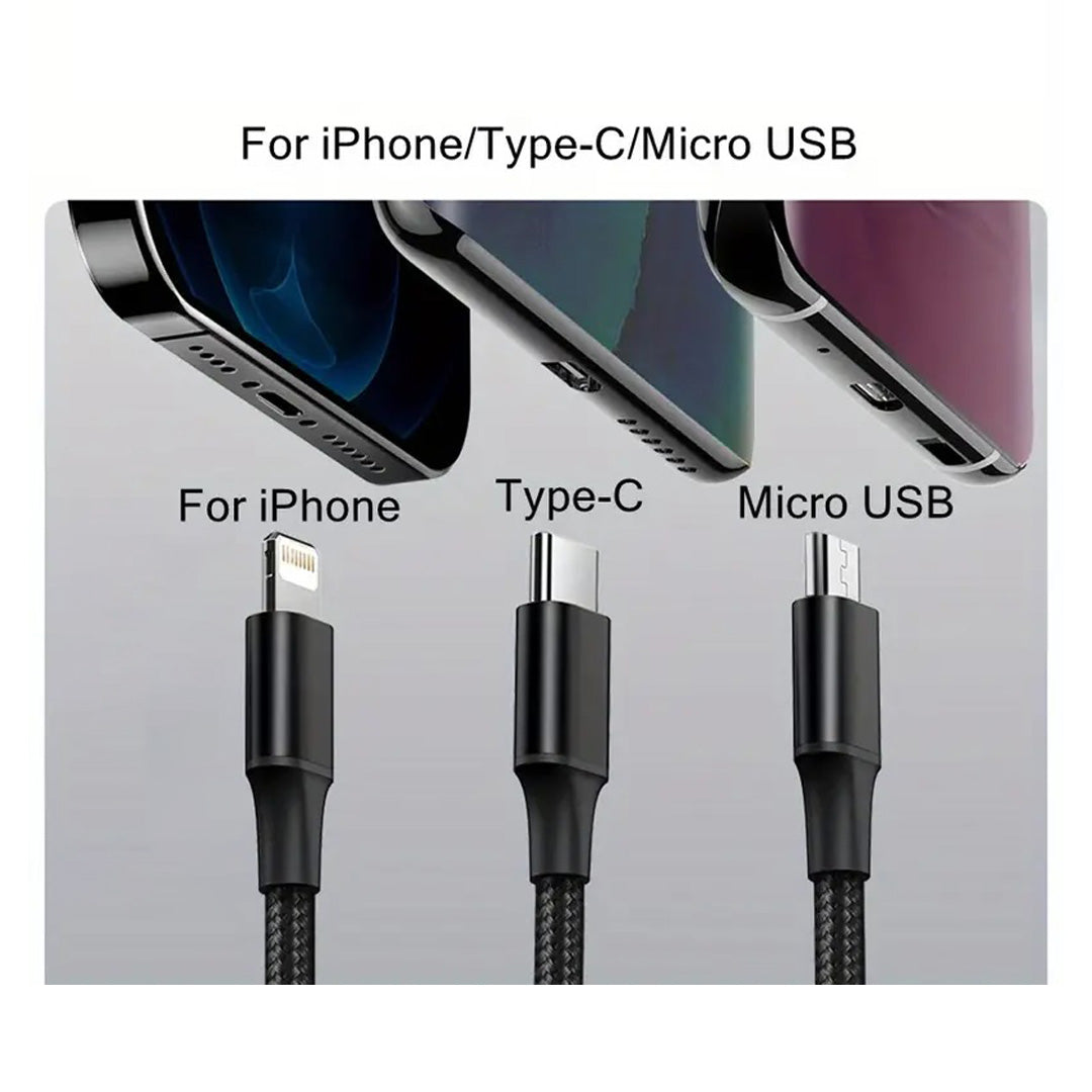 compatible with iPhone &amp; Type-C &amp; Micro Devices. One cable to meet with your different kinds of needs for charging cable at home/office/outdoors, portable and convenient.