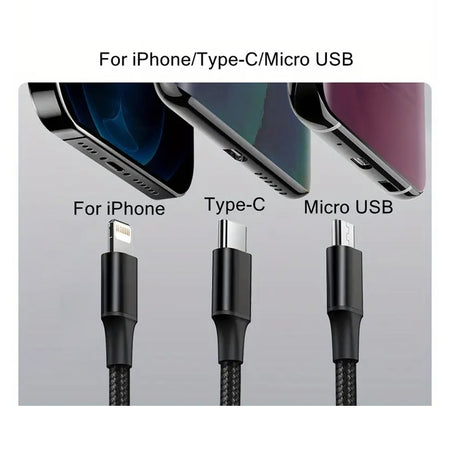 compatible with iPhone &amp; Type-C &amp; Micro Devices. One cable to meet with your different kinds of needs for charging cable at home/office/outdoors, portable and convenient.