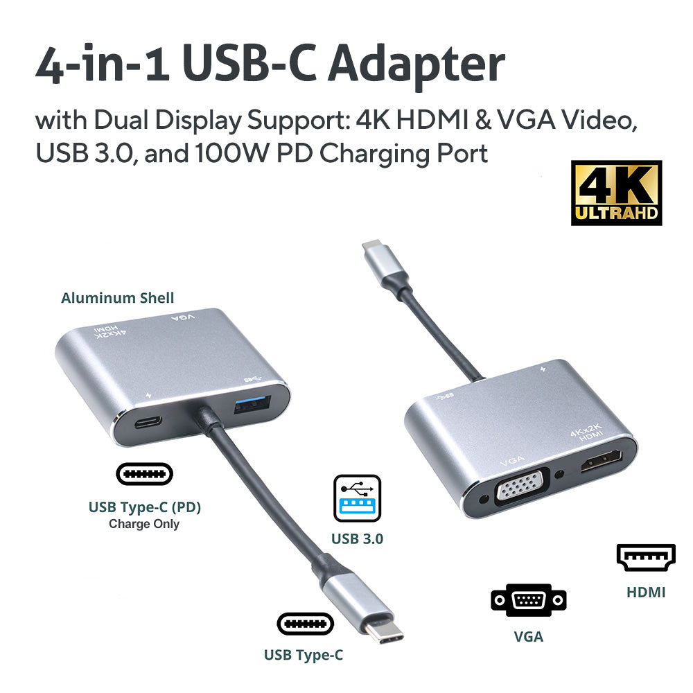 4-in-1 Workstation: Expands one USB-C port into 4K HDMI, 1080P VGA, USB 3.0, and 87W PD Charging