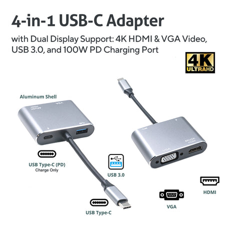4-in-1 Workstation: Expands one USB-C port into 4K HDMI, 1080P VGA, USB 3.0, and 87W PD Charging