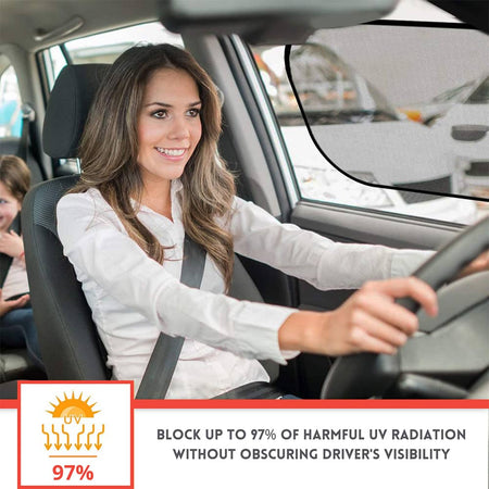 Made of premium PVC and thickened mesh, the car sun shade effectively blocks harmful UV rays and strong sunlight, lowers the interior temperature, and protects both children’s skin and your car’s interior from damage and aging.
