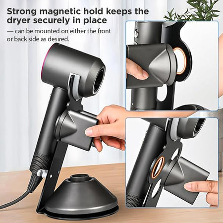 STABLE, QUIET &amp; NON-SLIP – The magnetic contact ring between the stand and the hair dryer’s air outlet ensures a secure fit. The added soft plastic layer prevents noise and wear by reducing direct contact between the dryer and the holder.