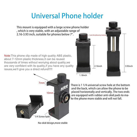 There is 1 1/4 universal screw hole at the bottom and the back, which can allow the phone to be placed horizontally and vertically. The two ends are equipped with rubber anti-skid pads to make the phone more stable and will not fall.