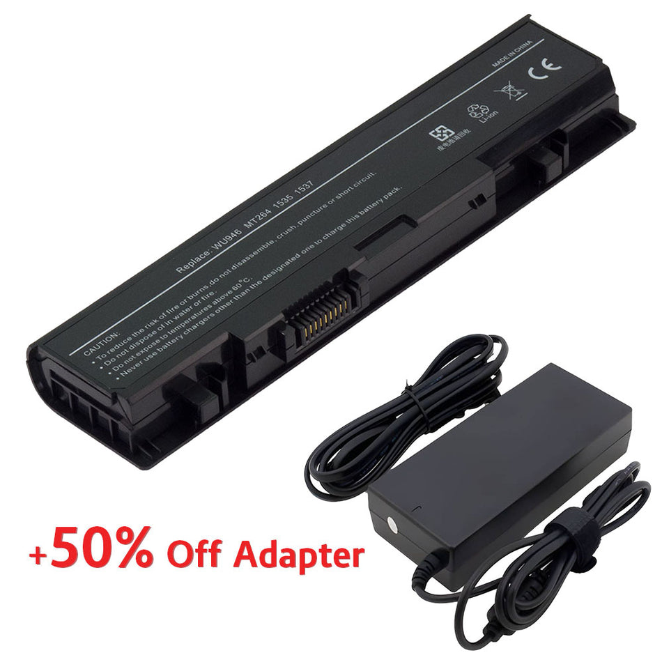 (Bundle with Adapter for 50% Off) Dell MT264 WU946 Studio 1558 1555 1535 1536 1537 1557 Series PP39L PP33L MT275 MT276 PW772 312-0702 RM804 WU960 KM958 312-0701 KM901 MT277 [11.1V] Compatible Battery